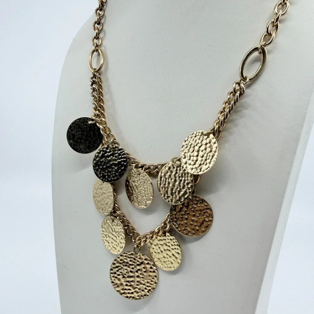 Vintage Boho Gold Tone Hammered Disc Bib Necklace Y2K Statement Chunky Chain